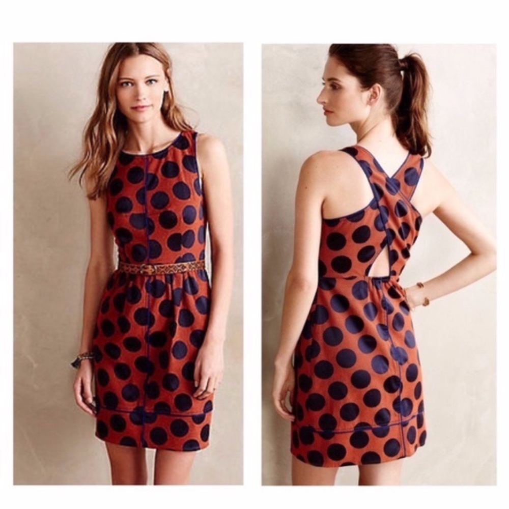 Anthropologie Maeve Rokin Polka Dot Sheath Dress Blue Orange Reversible size 2